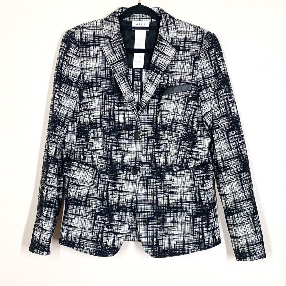 Akris Punto Two-Button Crosshatch-Print Jacket US 10 Black White Cotton Blend